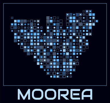 Moorea digital style map. Large square dots on dark background. Dotted shape of the island. Moorea map and title. Elegant vector illustration.
