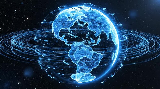 Digital blue globe hologram in dark space network