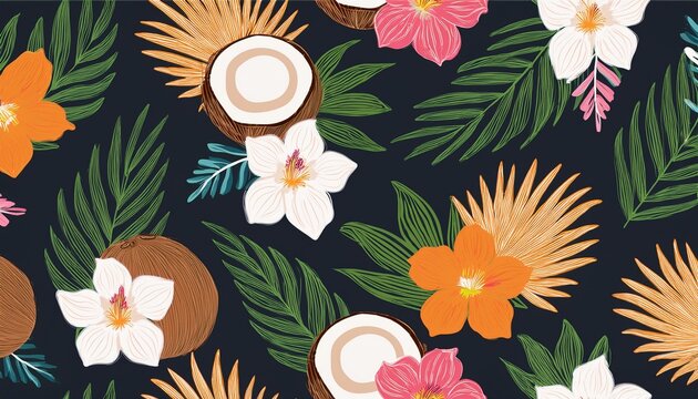 modern seamless pattern with with coconut and exotic flowers trendy abstract design hand drawn textures for printing on fabric paper cover interior decor posters
