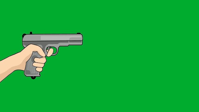 2d animation Hand holding handgun pistol weapon close up gesture layout animation on green screen. Human fingers gripping automatic steel trigger barrel weapon instrument for security, shooting