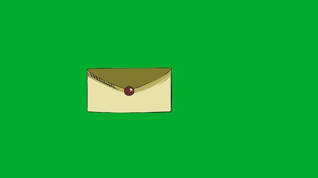 2d animation Vintage paper envelope pouch template with a red round seal stamp closely animation on green screen. Classic letter mail case container container layout for secret message or invitation
