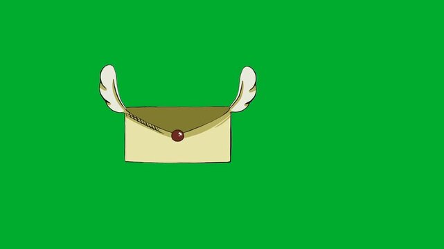 2d animation Flying envelope letter with wings soaring across the frame space animation on green screen. Vintage paper mail container layout representing message delivery, correspondence or fast news