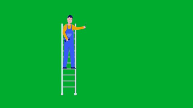 2d animation Worker on ladder fixing something while standing in full body side view layout animation on green screen. Professional master electrician technician mechanic cartoon character in uniform