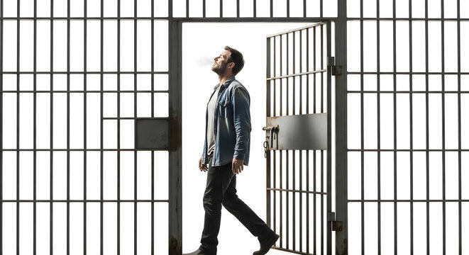 Man walking out of an open prison cell door into freedom