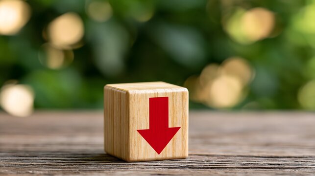 Red arrow pointing downward on wooden cube. Economic decline or market loss concept. Financial business data visualization for downward trend analysis and decrease in performance metric.