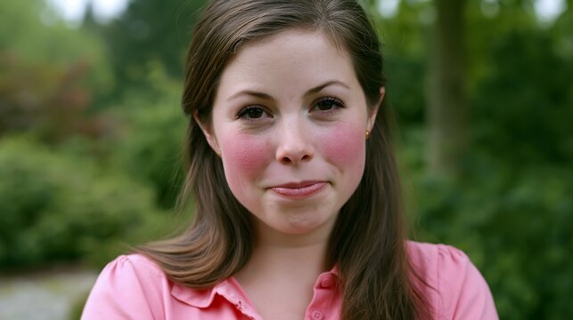 Young woman with rosy cheeks showing natural blush in nature. Portrait of girl with flushed skin outdoors. Health, skincare, wellness, beauty concept and natural aesthetic look.