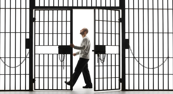Man walking through open prison gates towards freedom and new beginnings