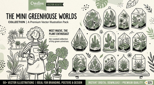 The mini greenhouse worlds vector pack with woman plant enthusiast character, geometric glass terrariums collection, miniature indoor jungle gardens, and succulents line art set