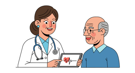 Fototapeta premium A female doctor explains heart health to an elderly male patient using a tablet displaying an ECG waveform.