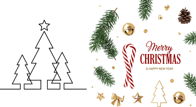 Minimalist Christmas tree line drawing with realistic Merry Christmas greeting card featuring candy cane, pine branch, gold bells and pinecone decorations
