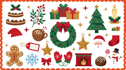 Fototapeta premium Christmas botanical element set with poinsettia, holly berry, pine tree, dove, snowflake and pinecone on dark background with decorative border