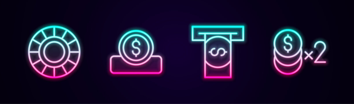Set line Casino chips, Coin money with dollar, Automated teller machine and and . Glowing neon icon. Vector