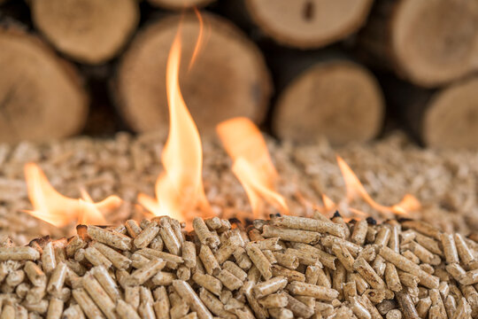 Extreme Close Up of Burning Wood Pellets with Flames and Firewood Background