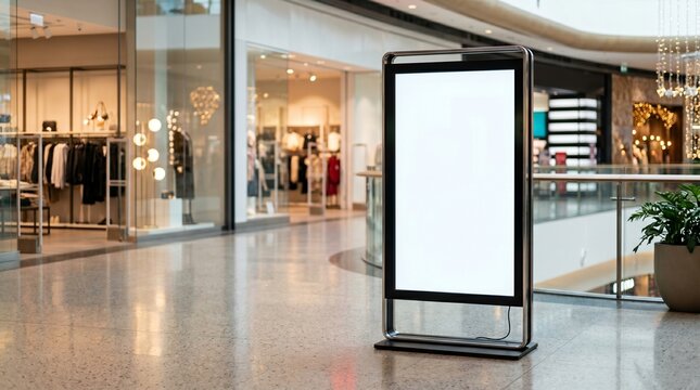 Blank digital signage mockup on stand in modern shopping mall hallway