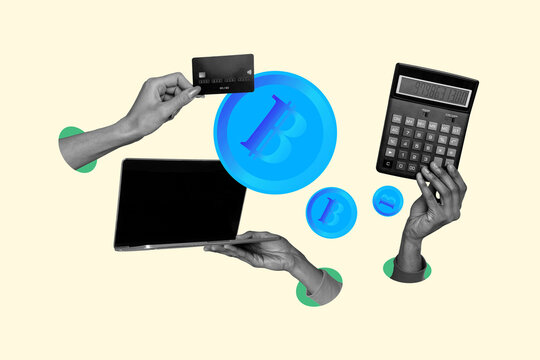 Creative full art collage of business partners hand hold bitcoin freelancer capital income jackpot winning millionaire crypto