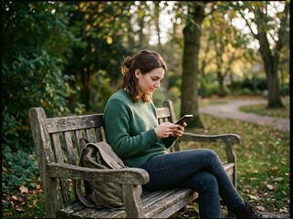 Fototapeta premium Woman sitting on a park bench in autumn, using her smartphone and listening to music through earphones