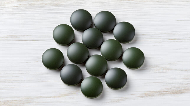 Spirulina capsules arranged in a circular pattern on a clean white wooden surface, showcasing their smooth texture and rich green color for health and wellness applications