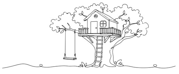 Fototapeta premium Charming treehouse surrounded by branches and a hanging swing, evoking childhood adventure, imagination, and outdoor play.