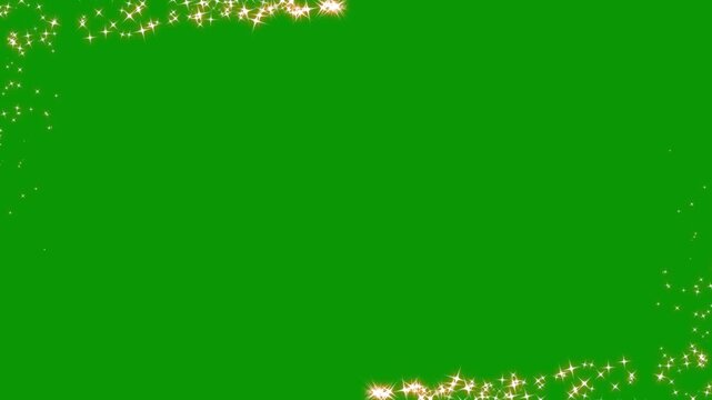Rectangular frame with shimmering golden star particles glittering movement on a green background, border frame alpha channel animation, Golden particles moving luxury glittering on frame border