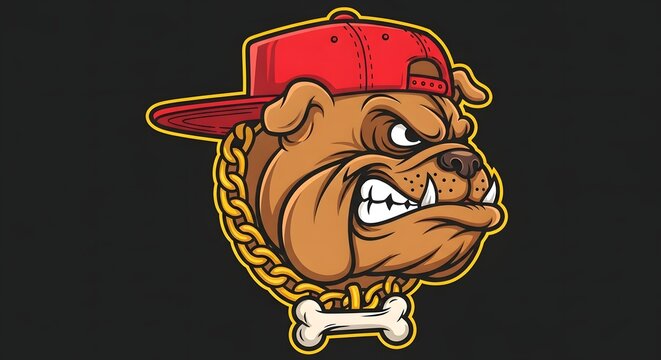 Angry bulldog hip hop mascot logo, vector cartoon illustration of a tough dog head wearing a red snapback cap and a gold chain necklace isolated on a dark background