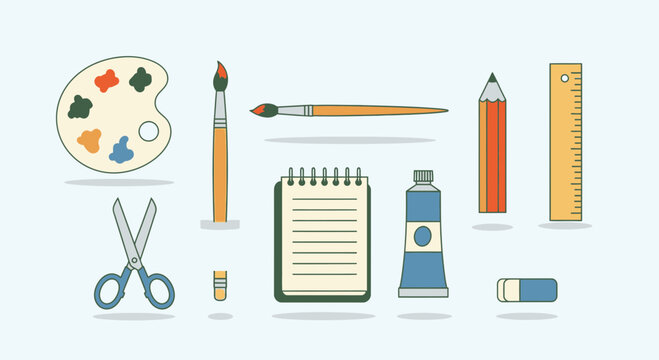 Art Supplies Flat Design: Palette, Brushes, Pencil, Scissors, Ruler, Eraser