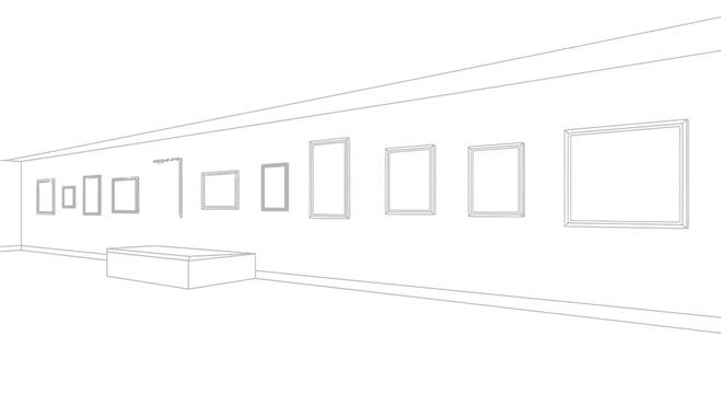Art gallery interior with empty frames on wall and display bench