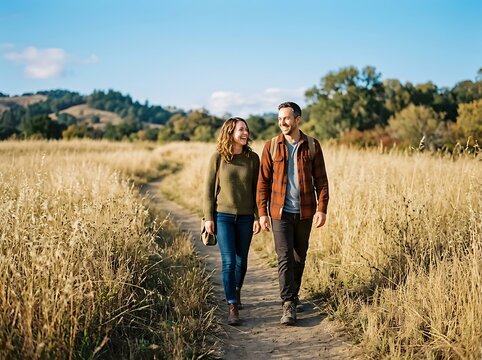 Couple enjoying a leisurely walk along a path surrounded by golden fields under a clear blue sky