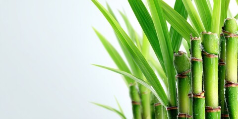 Fototapeta premium Close up of vibrant green bamboo stalks and leaves against a bright background