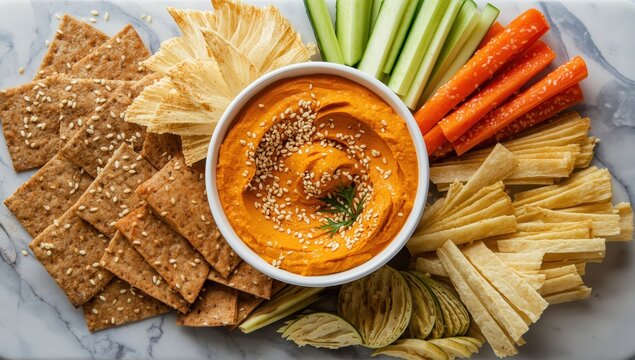 Orange pumpkin-like hummus, thin sesame crackers, and long strips of carrot and cucumber on a marble board.