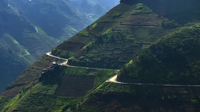 The winding road of Ma Pi Leng Pass in Vietnam. A Part of a Famous Ha Giang Loop. Beautiful destinations Asia. Aerial.