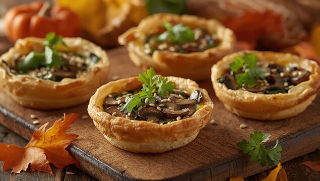 A cluster of mini zucchini and mushroom quiches featuring mozzarella, buttermilk, and sesame seeds, topped with fresh cilantro on a wooden surface. Close-up.