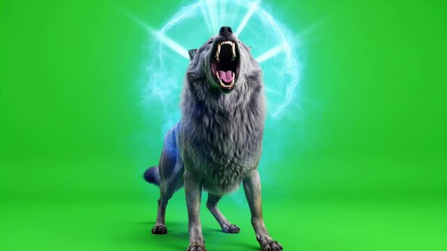 A majestic wolf howling with a magical blue energy aura on a green screen background.