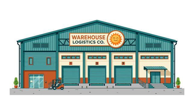 Modern Warehouse Building with Loading Docks and Forklift - Logistics and Distribution Center