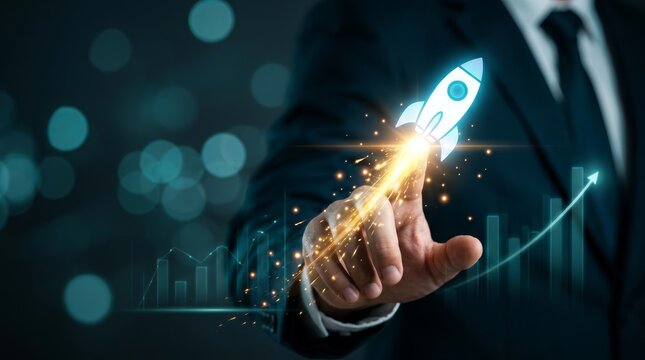 Startup founder initiating fast business success with a rocket launching from their hand in a digital marketing concept.