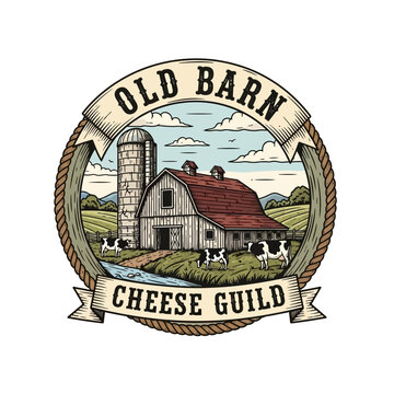 Rustic farm landscape badge for artisan cheese guild or dairy producer.