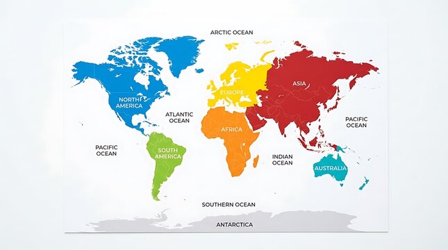 Colorful political map showing continents with labeled ocean names arctic