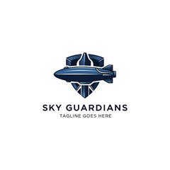 Sky Guardians logo with blue airship dirigible on a shield background. © Pixel