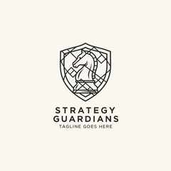 Fototapeta premium Strategy guardians chess knight logo within a geometric line shield.