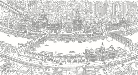 Obraz premium Detailed Indian Urban Landscape Line Drawing