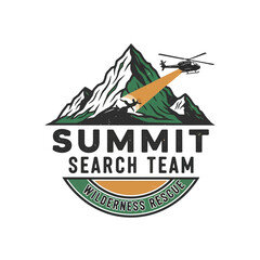 Summit search team rescue logo with mountain peak and emergency helicopter. © Pixel