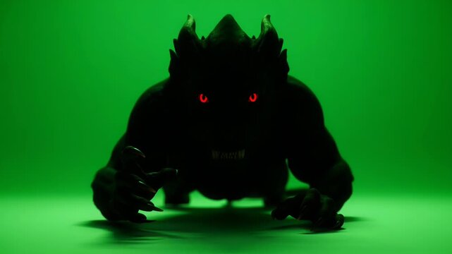 A menacing silhouette of a creature with glowing red eyes on a vibrant green background.