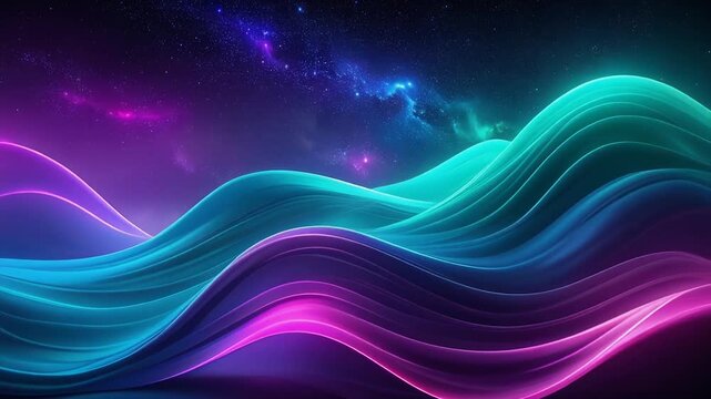 Neon teal cyan and purple light waves flowing through abstract space with smooth luminous motion
