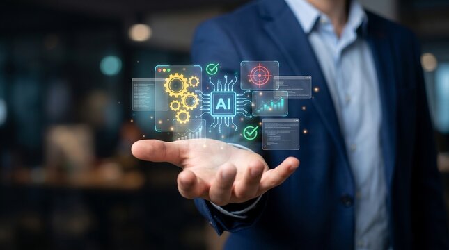 AI-driven business strategy and predictive analytics concept showing machine learning integration, operational automation, and targeted data forecasting. Ideal for tech consulting firms, artificial in