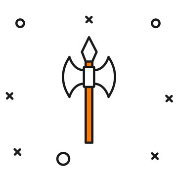 Filled outline Medieval axe icon isolated on white background. Battle axe, executioner axe. Medieval weapon. Flat filled outline style with shadow. Vector