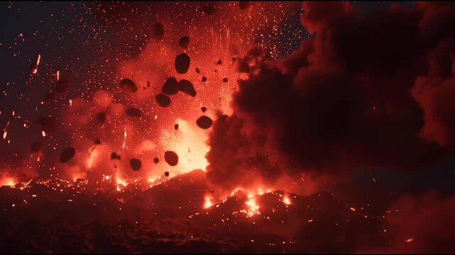 Violent volcanic eruption with glowing lava and flying rocks during the night.