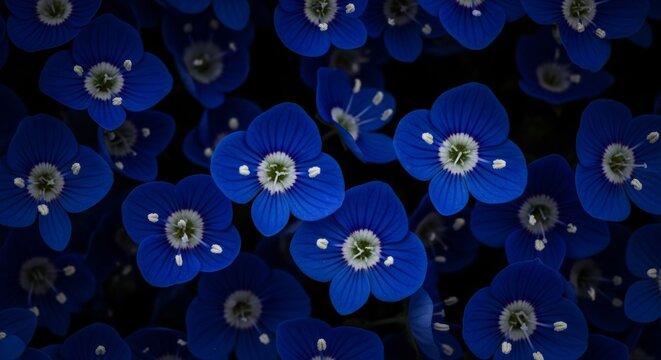 Nocturnal macro overhead shot of royal blue veronica blossoms with ethereal white centers