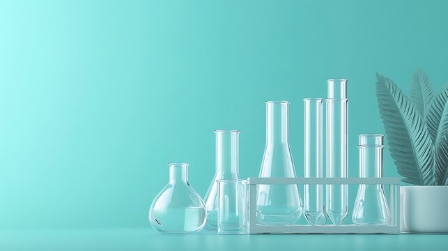 Laboratory glassware arrangement with test tubes and flasks in bright science setting
