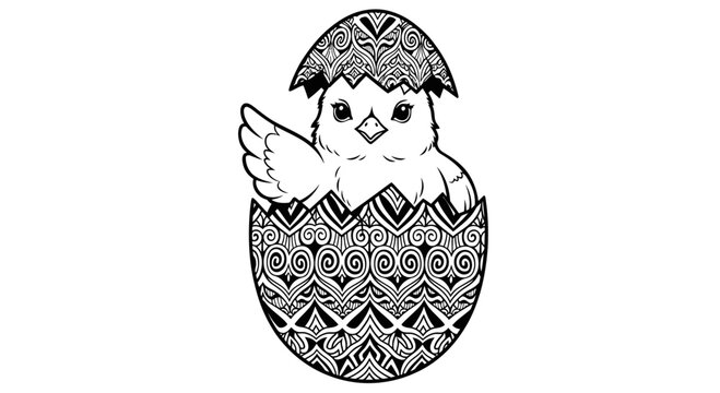 A black and white vector illustration of a chick peeking from behind an egg