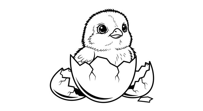 A chick peeks out from a broken black and white eggshell vector illustration.