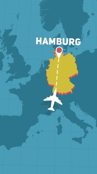 airplane journey to Hamburg in Germany over map of Europe motion graphics animation vertical social media